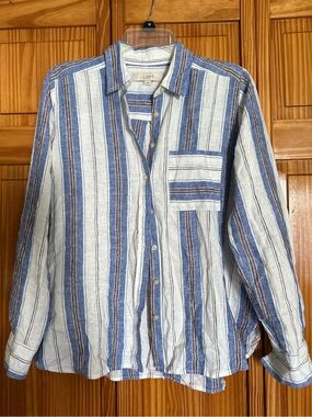 LOFT Striped Linen Blend Button-Down Shirt – Size